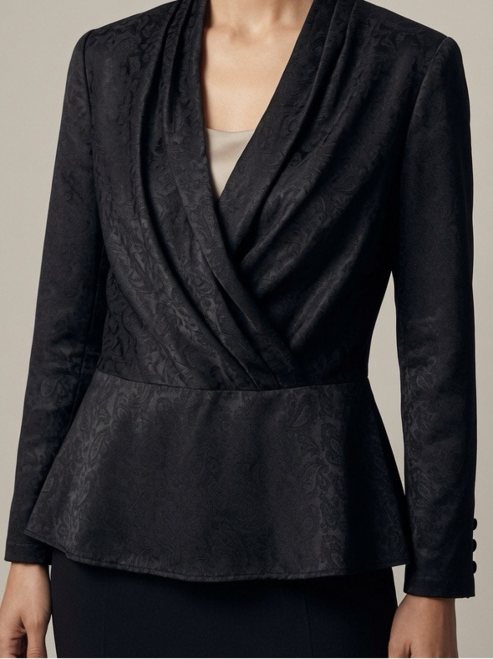 Vintage Courtney Rhodes Black Paisley-Textured Faux-Wrap Peplum Blouse 8